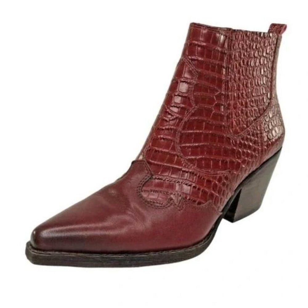 Sam Edelman Burgundy Croc-Embossed Leather Ankle Bootie